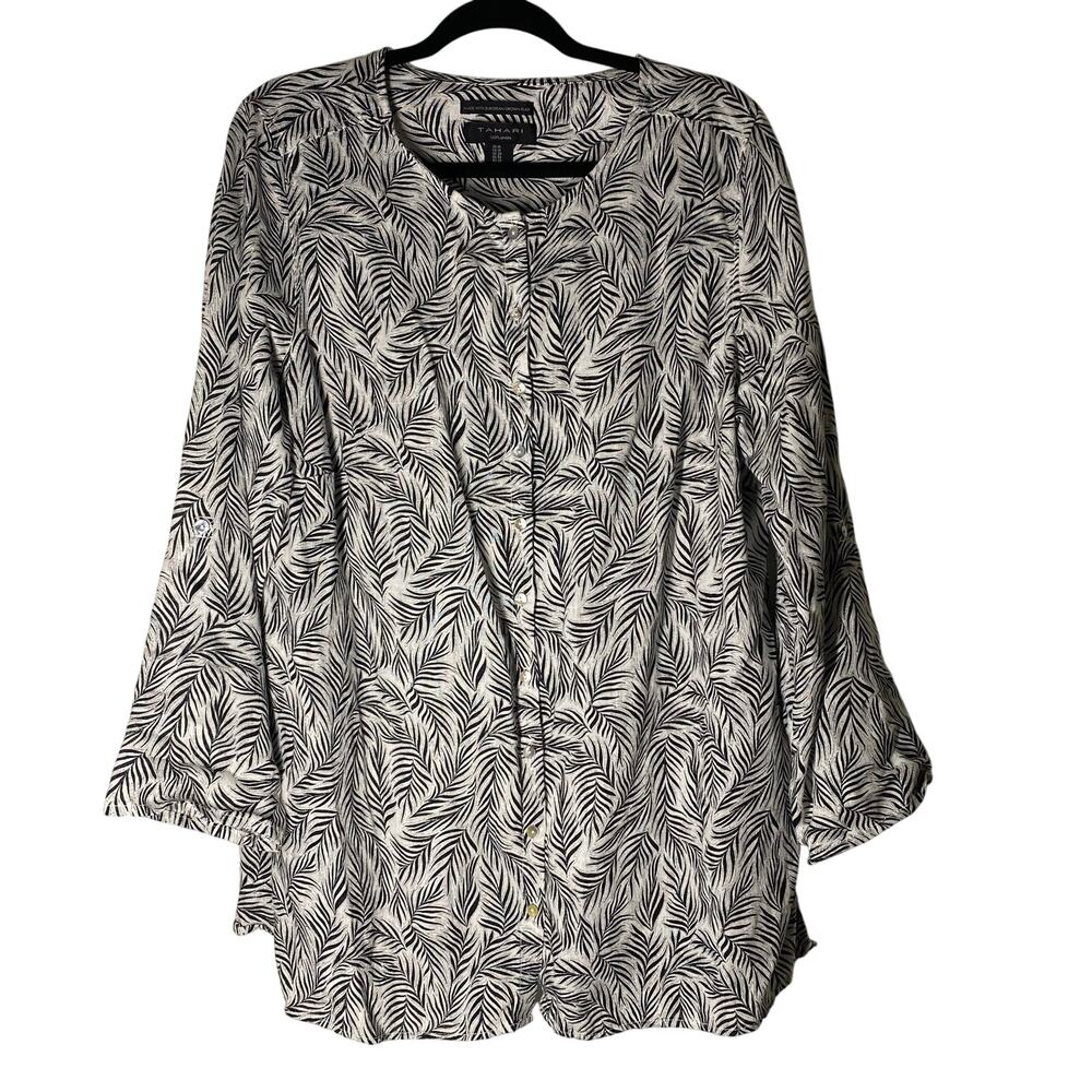 Tahari Women’s Large 100% Linen Blouse Black White Leaf Print Button Front 1X